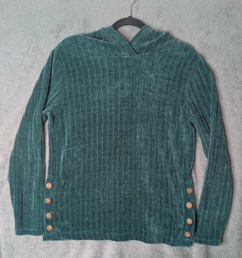 TRUE SELF Sweater Womens Large Long Sleeve Velour Button Pullover Hoodie Green